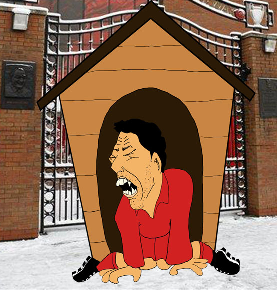 a cartoon of Suarez in the doghouse